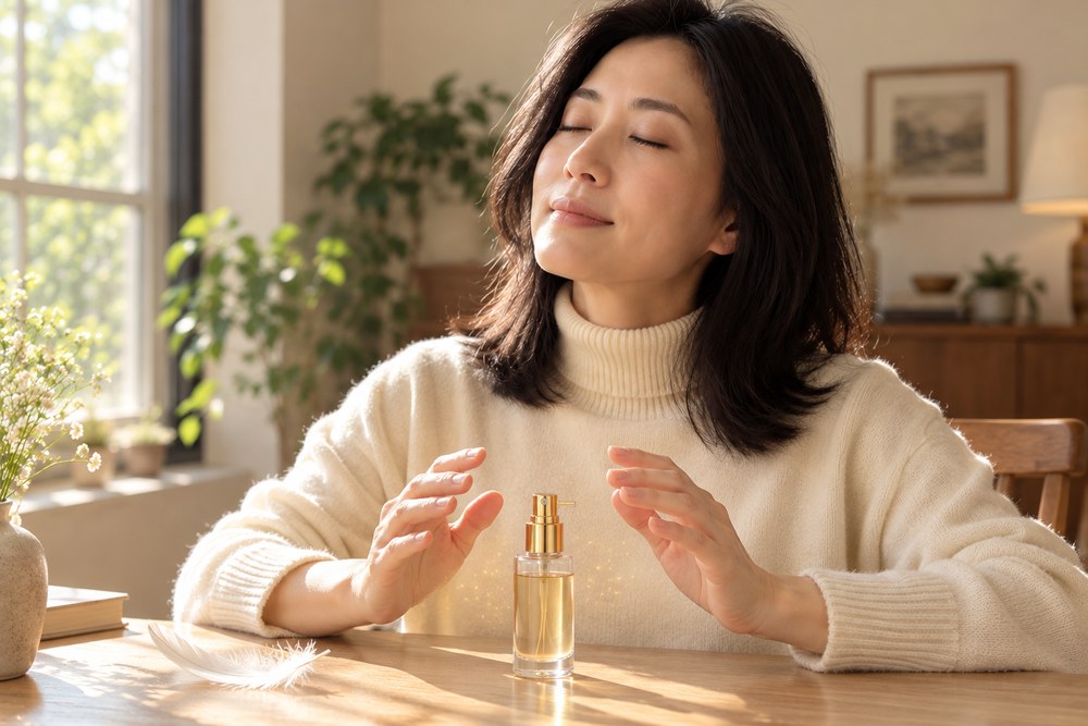 女子閉眼微笑，雙手懸在桌上一瓶噴霧兩側，金色光點在手間閃爍