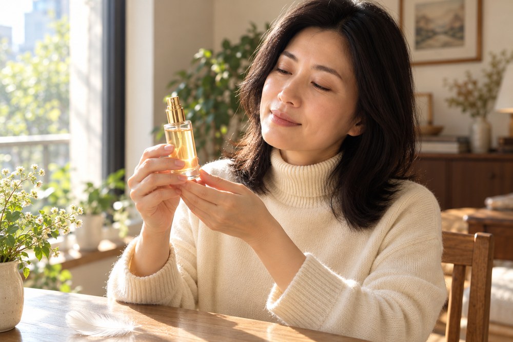 女子雙手捧著一瓶金黃色噴霧，垂眼看著瓶子微笑，桌上有一根白羽毛
