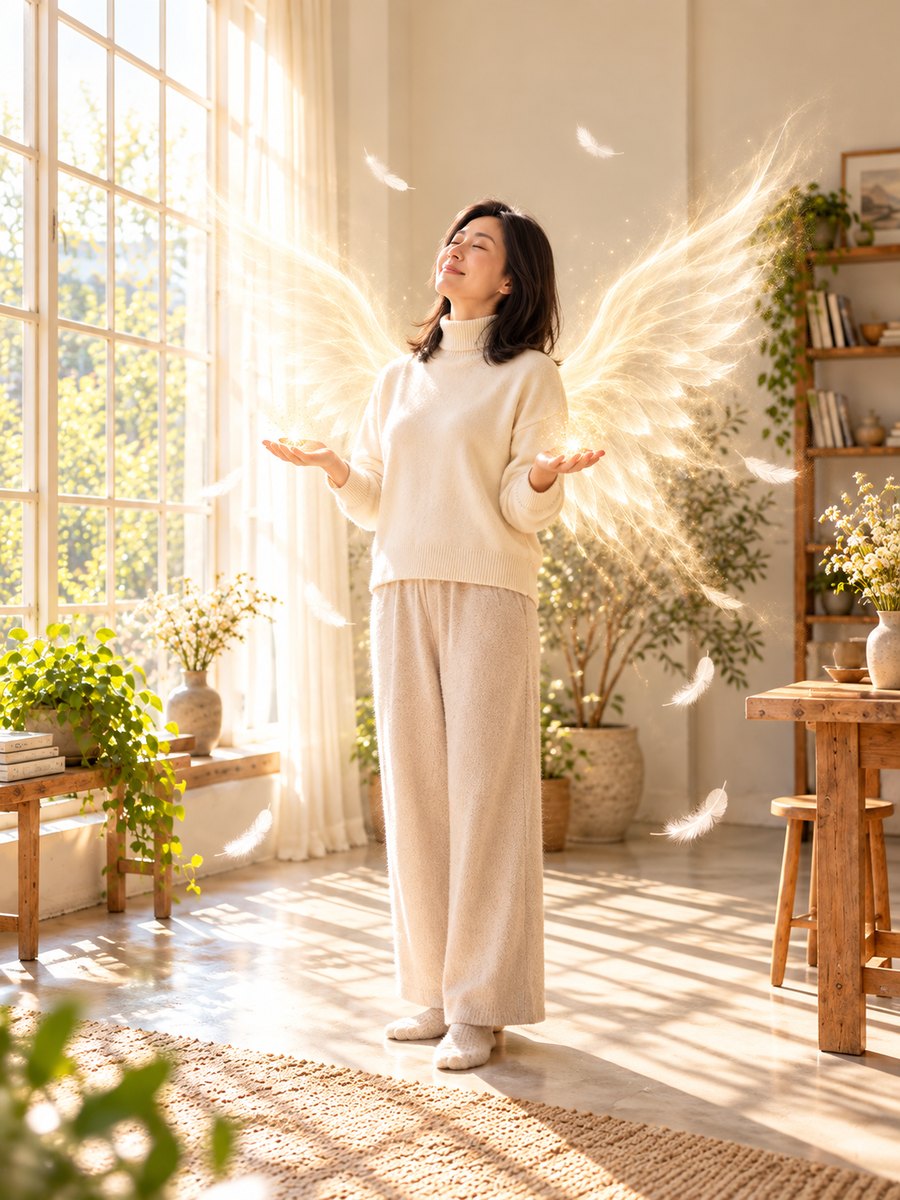 女子站在窗前仰臉閉眼，掌心朝上，金色光點聚在掌心上方，身後展開金白光翅膀