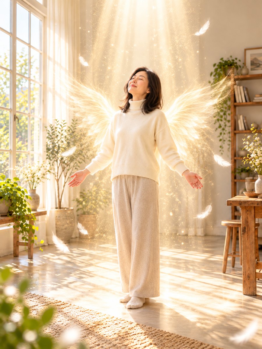 女子站在灑下的金白光中張開雙臂仰臉微笑，金色光點落在身上，身後展開金白光翅膀