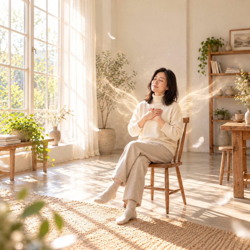 穿米白毛衣的女子坐在窗邊木椅上，雙手放在心口閉眼，身後有金白光芒化成的翅膀