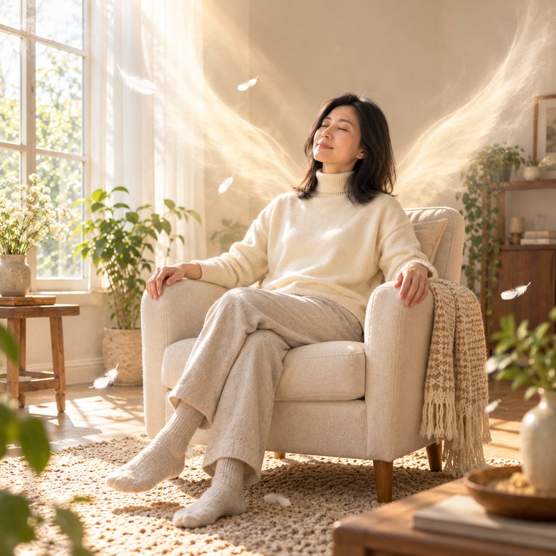 女子靠在米白扶手椅上仰頭閉眼，身後展開金白光翅膀，羽毛輕輕飄落
