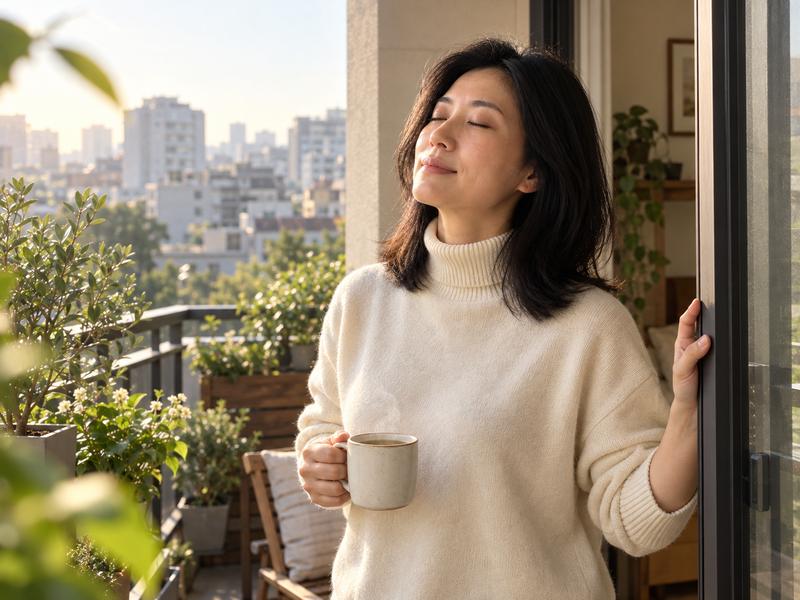清晨她推開落地窗走到陽台，端著熱茶仰臉迎向晨光