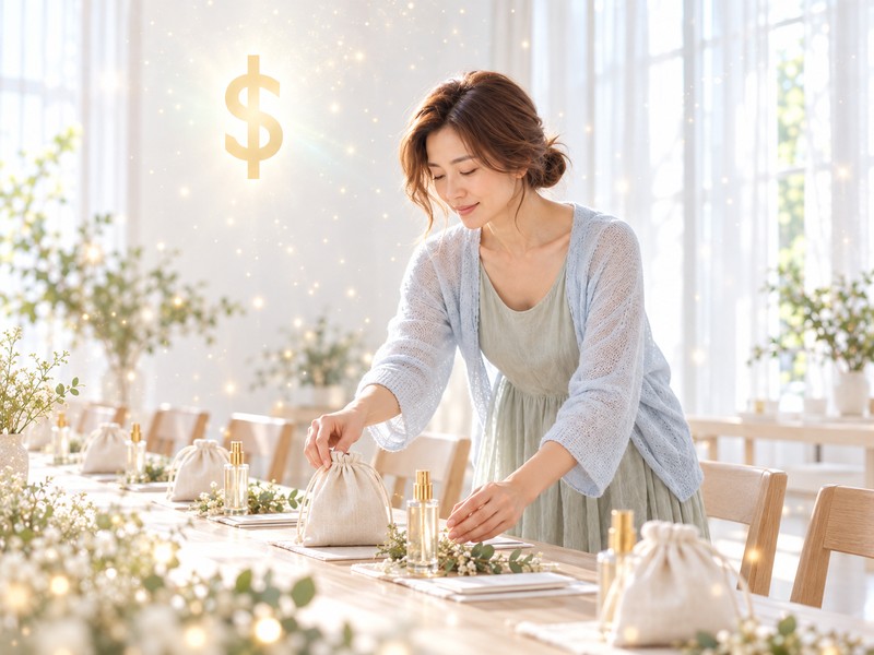 工作坊開始前，她把亞麻小袋擺到每個座位前