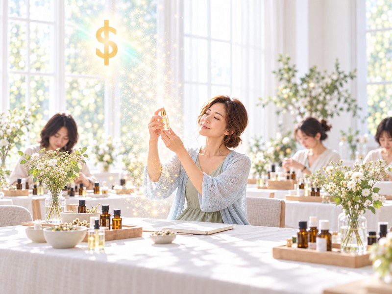 明亮的工作坊教室，她把剛調好的噴霧舉到窗光前