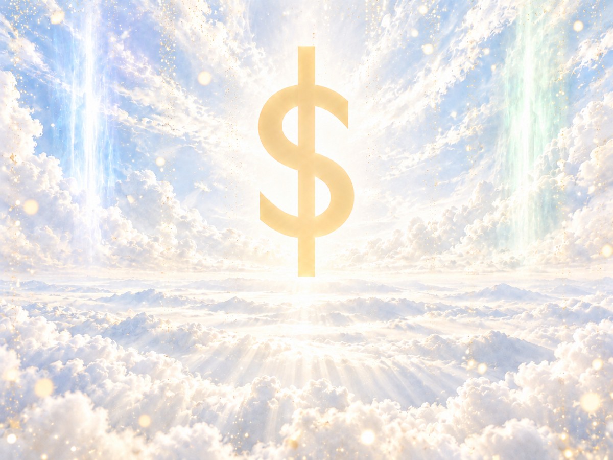 白色雲海之上，兩側淡藍與淡綠的光柱，中央大大的金色一階金錢符號，金粉灑落